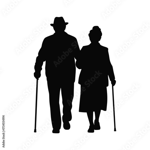 Silhouettes of elderly couple walking together with canes symbolizing companionship and aging gracefully outdoors