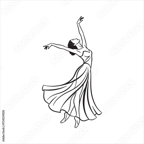 Ballet dancer in flowing dress captured mid-twirl, elegant minimal line art vector illustration art.