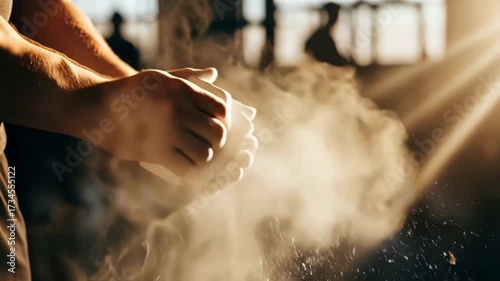 Man preparing for workout with chalk dust in gym sunlight rays