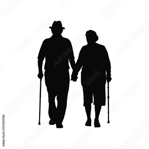 Elderly couple silhouette holding hands walking with canes together love companion relationship