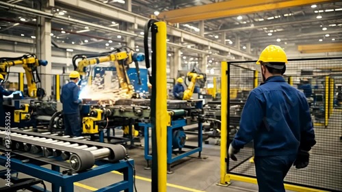 Man in factory controls machinery as robot welds with sparks fly