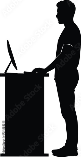 Man standing at desk with computer silhouette monitor, man, standing, desk, computer, monitor, keyboard, typing, working, office, technology, silhouette, black, white, isolated, person, adult, male, b