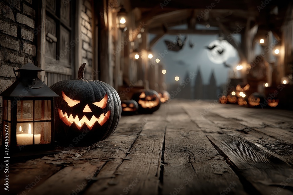 Fototapeta premium Carved pumpkin lanterns glowing in a spooky Halloween night scene