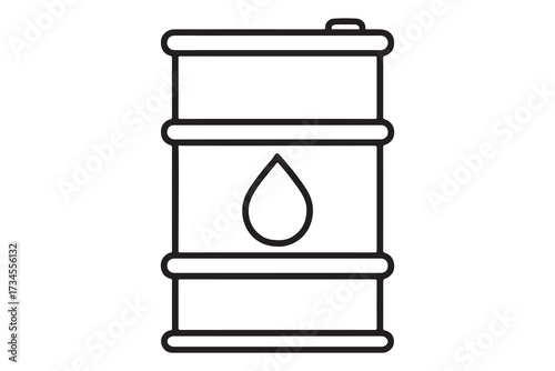 Black and white line art illustration of an oil barrel with a drop symbol isolated on white background