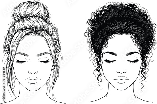 Beautiful female hairstyle illustration, messy bun and curly updo woman portrait, elegant vector fashion girl hair drawing, beauty salon design set