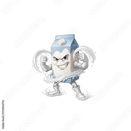 Muscular Milk Mascot in Action Pose – Cartoon Beverage Character with Splash Effects and Confident Expression