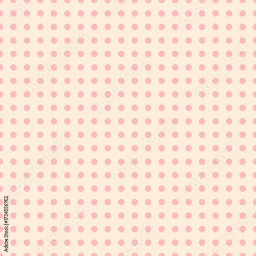 A seamless pattern with soft pink polka dots in a neat grid on a cream pastel background. Ideal for baby items, wallpapers, packaging, and textile prints.