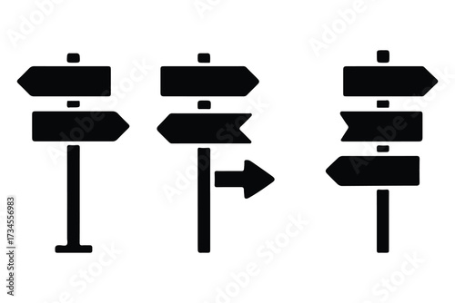 Three black directional signposts with multiple arrows pointing in different directions isolated on white background