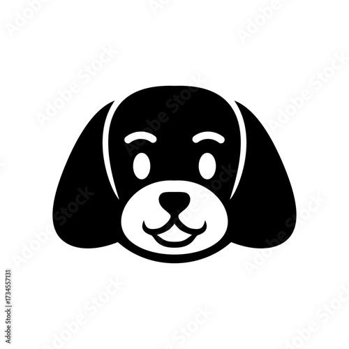 Clean graphic illustration of a happy dog's head in a simple black silhouette, ideal for animal-themed projects and pet care branding
