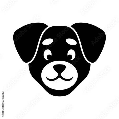 Simple black and white icon of a cute puppy face. A charming and friendly cartoon dog head silhouette, ideal for a pet-related logo or animal emblem design