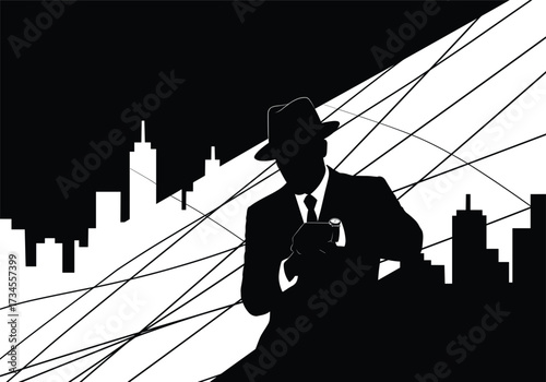 Silhouette of a Man in a Hat with City Skyline and Lines, man, silhouette, city, skyline, hat, urban, adult, male, person, street, business, corporate, professional, metropolis, downtown, modern, arch