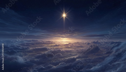 The Glowing Christmas Star Above The Clouds: Illuminating The Manger Of Jesus Christ'S Birth On Christmas Day