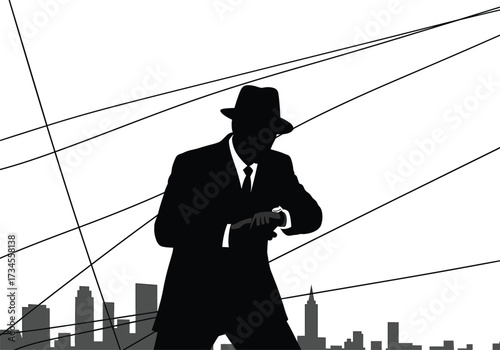 Silhouette of a Man in a Hat Checking His Watch with City Skyline, man, silhouette, city, watch, hat, skyline, business, time, urban, male, street, person, standing, outdoor, checking, professional, a