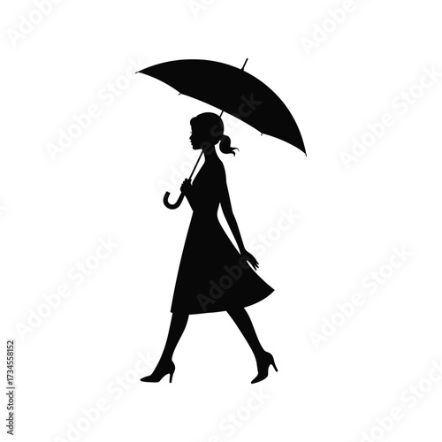Elegant silhouette of a woman walking with an umbrella gracefully in style