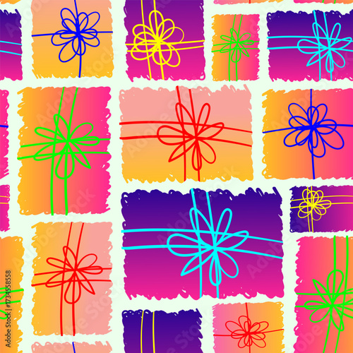 neon gradient hand drawn seamless pattern with colorful gift boxes abstract bright vector background digital painting texture