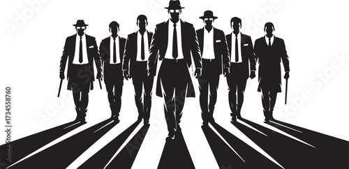 Group of men in silhouette suits and hats walking forward casting long shadows vector