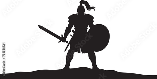 Black silhouette of a warrior with sword and shield standing on uneven ground vector 1