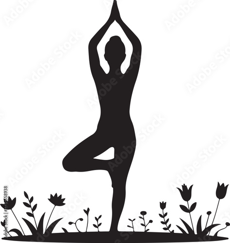 Black silhouette of a woman in tree pose yoga surrounded by stylized flowers and plants Vrksasana