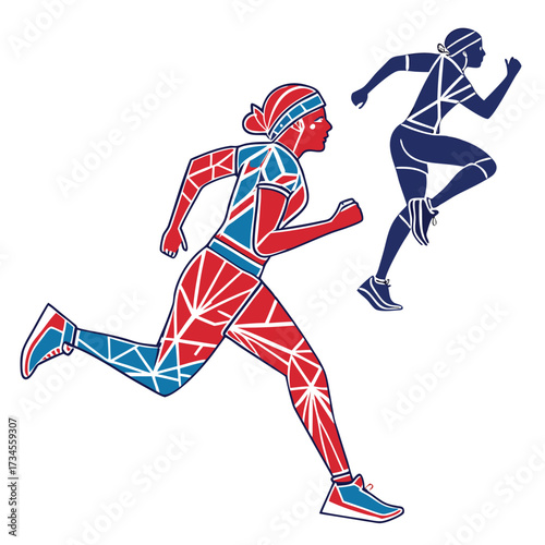 Stylized Runners in Action Red and Blue Geometric Design on White Background Modern Athletic Competition Illustration