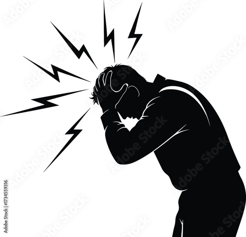 Silhouette of a person holding head with lightning silhouette, man, person, head, mental, worry, headache, issue, person, overwhelmed, symbol, illustration, distress, crisis, anguish, keywords:, diffi