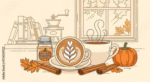 Autumn coffee shop line-art. Cozy illustrations of a latte art with a leaf, cinnamon sticks, pumpkin spice shaker, and a steaming mug. Inviting palette of coffee brown, cream, and pumpkin orange