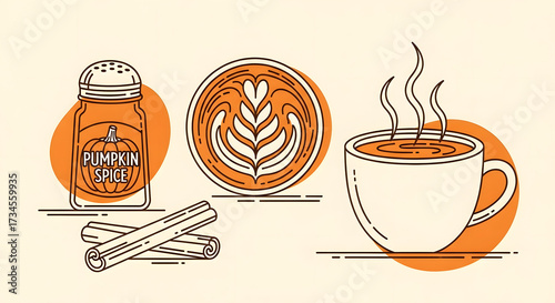 Autumn coffee shop line-art. Cozy illustrations of a latte art with a leaf, cinnamon sticks, pumpkin spice shaker, and a steaming mug. Inviting palette of coffee brown, cream, and pumpkin orange