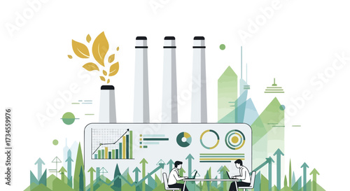 Vector illustration of ecofriendly factory with green leaves and charts, representing sustainable industry and growth