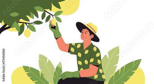 A cartoon man harvesting lemons from a tree in a sunny orchard with lush greenery offering a fresh