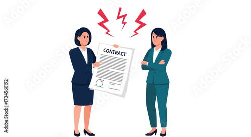 Vector illustration of two businesswomen arguing over a contract, with lightning bolts symbolizing conflict and disagreement