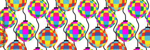 colorful eighties nineties abstract background repeating design with mirror spheres and electrical wires bright vintage celebration backdrop