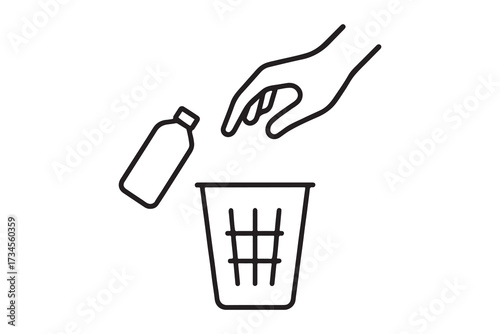 Hand dropping a plastic bottle into a trash can isolated on white background