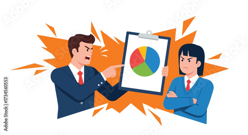 Vector illustration of angry businessman pointing at pie chart during argument with colleague, business conflict concept