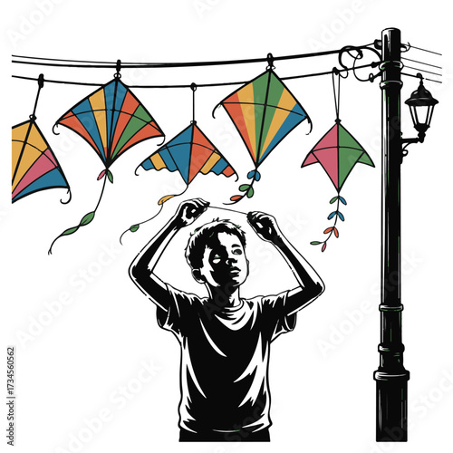 Vector art of silhouette of a boy holding kite strings with colorful kites flying in the background