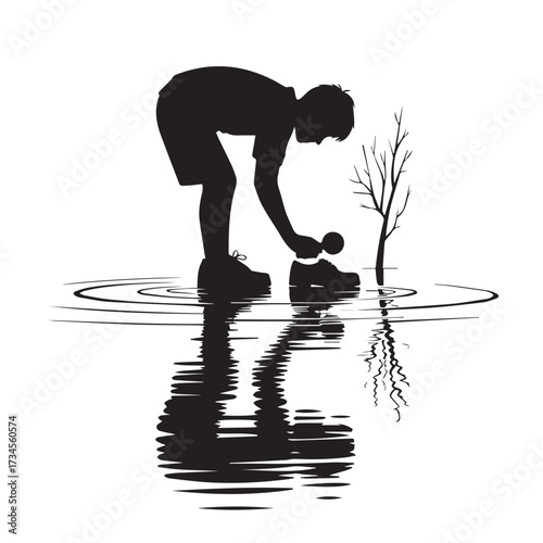Vector art of silhouette of a boy bending down to tie his shoe in a puddle, with reflection