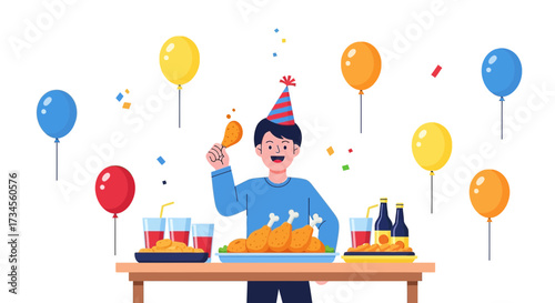 A joyful cartoon illustration depicting a birthday celebration with food and balloons