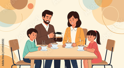 A heartwarming illustration of a family enjoying a cozy coffee time together at home