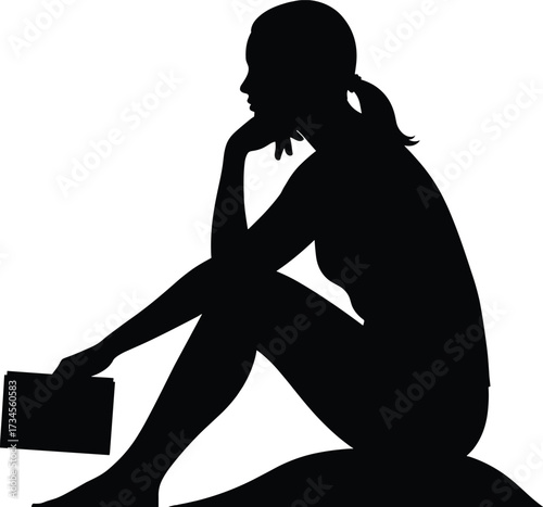 Silhouette of a woman sitting with a book silhouette, woman, sitting, book, reading, introspection, sitting, illustration, symbol, reading, quiet, book, pose, female, pensive, person, thinking, black,