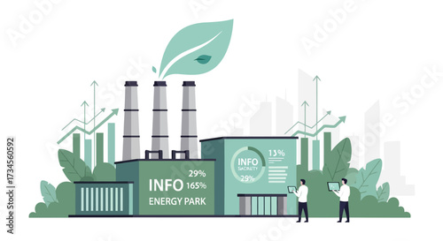 Vector illustration of ecofriendly energy park with smokestacks and green leaf symbol, sustainable industry concept