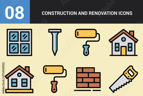 Set of construction and renovation icons including house windows tools and building materials for web design