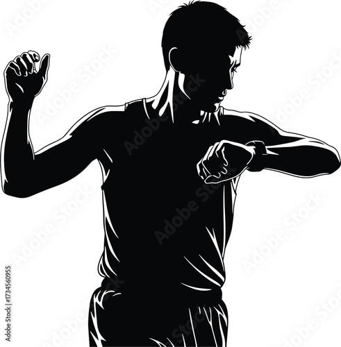 Silhouette of athlete checking smartwatch during workout, silhouette, athlete, man, male, runner, sportsman, fitness, workout, exercise, training, smartwatch, watch, checking time, raising arm, motion