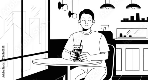 A serene moment: Man enjoying iced coffee in a minimalist cafe with city view depicted in monochrome