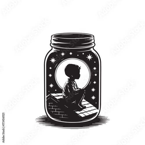 Vector art of silhouette of a child sitting on a brick roof inside a glass jar filled with stars and a moon, black and white illustration