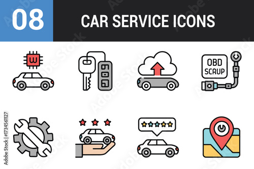 Collection of 08 car service icons showcasing technology vehicle maintenance and navigation themes