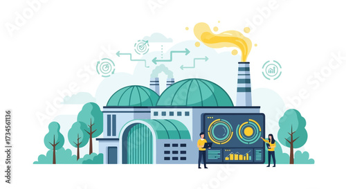 Vector illustration of modern factory with advanced technology and people monitoring data, representing industry 40 and smart manufacturing concepts