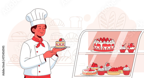A smiling baker presents a strawberry cake in a charming bakery setting filled with delicious