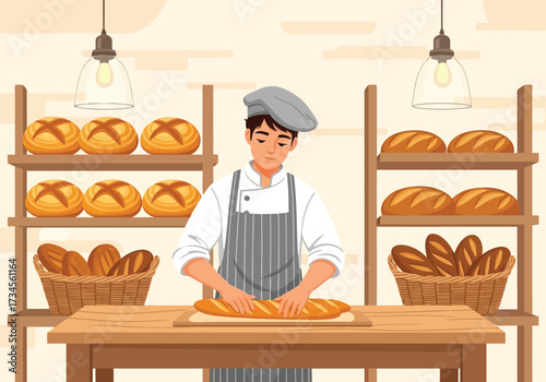 Vector illustration of baker in a bakery preparing dough for bread, surrounded by shelves filled with freshly baked loaves and baskets of bread