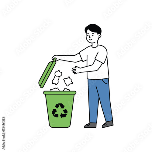 Man throwing crumpled paper into a green recycling bin vector illustration for environmental awareness isolated on white background