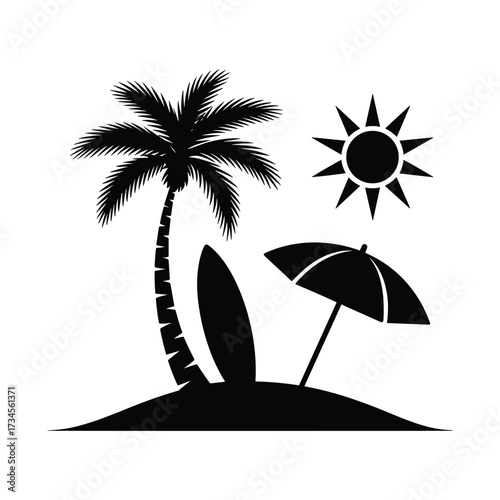 Tropical beach paradise silhouette island palm tree surfboard sun umbrella vacation