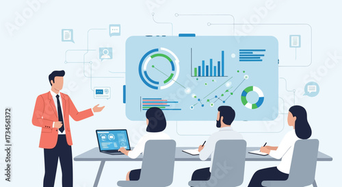 Vector illustration of business presentation with charts and graphs on a large screen, a presenter and attendees in a meeting room