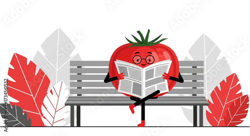 A whimsical cartoon of a tomato character reading a newspaper in a park setting evokes relaxation